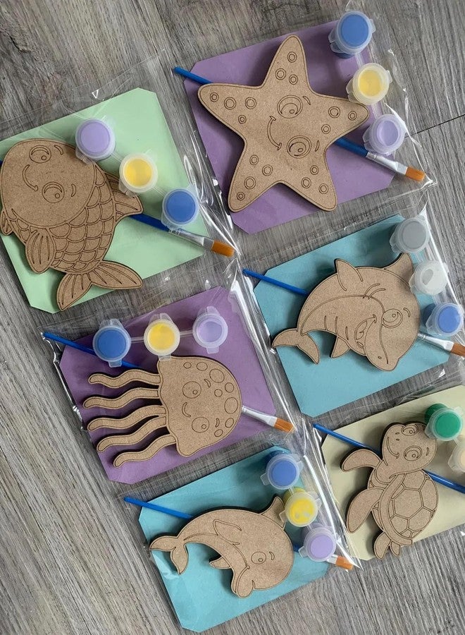 Curious Button 6 Pcs MDF Sea Creature Paint Kit | DIY Wooden Under-The-Sea Craft Set with Paint Pots & Brush | Birthday Party Favor, Kids Activity, Party Bag Filler - Image 2